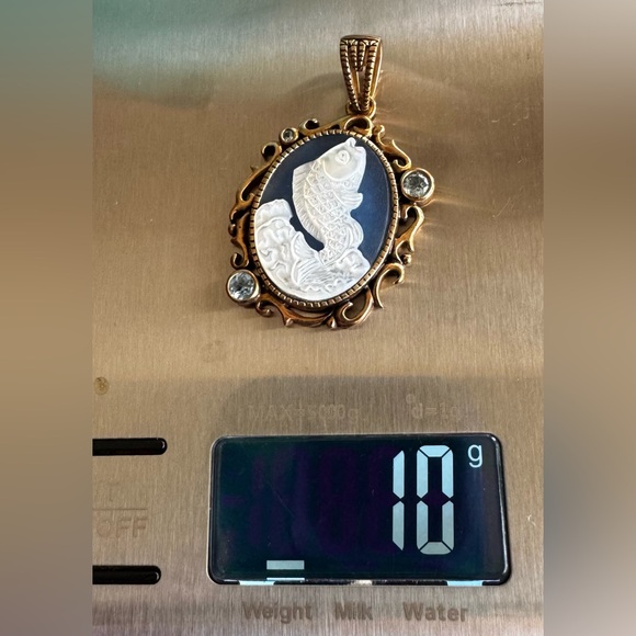 Jumping fish cameo pendant- bronze, blue topaz, and shell - Picture 5 of 7